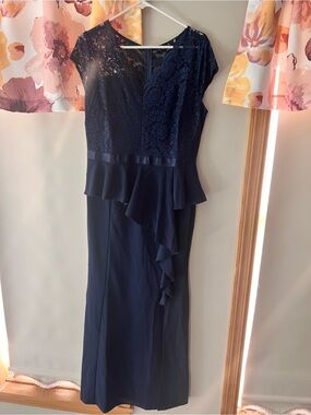 Navy Lace Peplum Maxi Dress with Ruffle Front